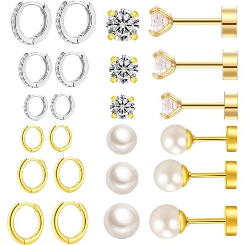 12 Pairs Gold & Silver Hoop, CZ, and Pearl Stud Earring Set Minimalist Style